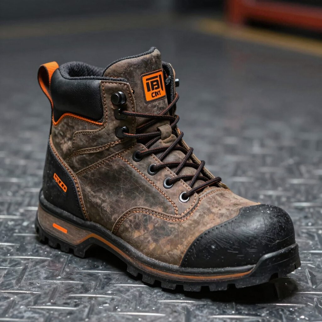 Close-up of a rugged industrial safety boot with heavy-duty stitching and high-visibility orange accents, placed on a dark steel plate under crisp studio lighting.