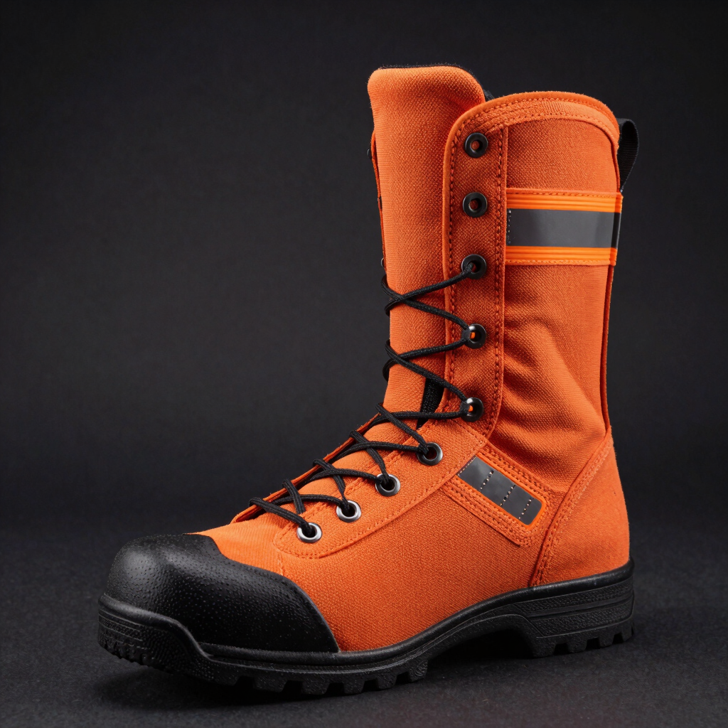Primer plano de bota de seguridad industrial con costuras reforzadas en naranja de alta visibilidad, iluminación de estudio de alto contraste, fondo oscuro.